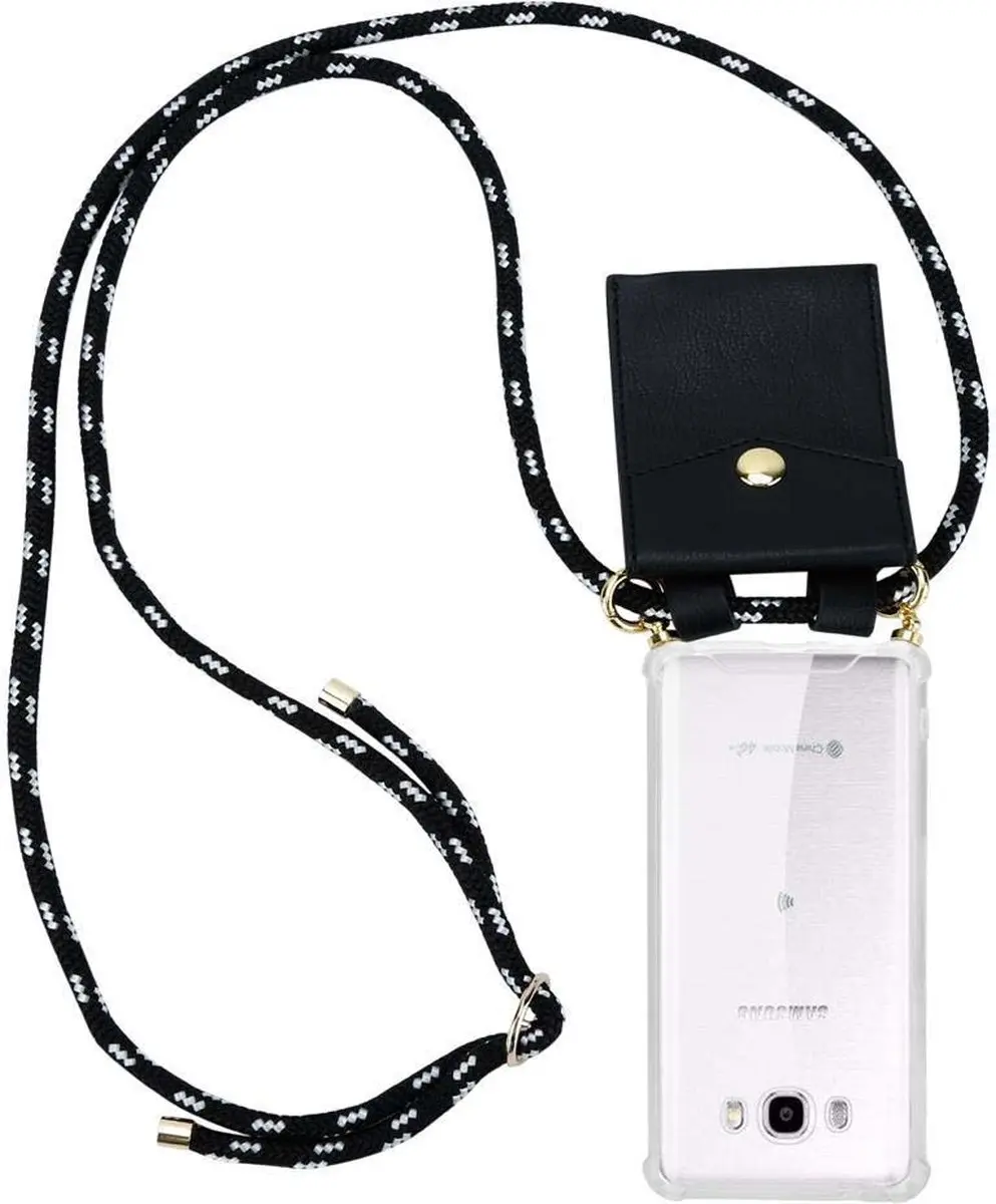 Cadorabo Hoesje geschikt voor Samsung Galaxy J7 2016 in ZWART ZILVER - Silicone Mobiele telefoon ketting beschermhoes met gouden ringen, koordriem en afneembare etui