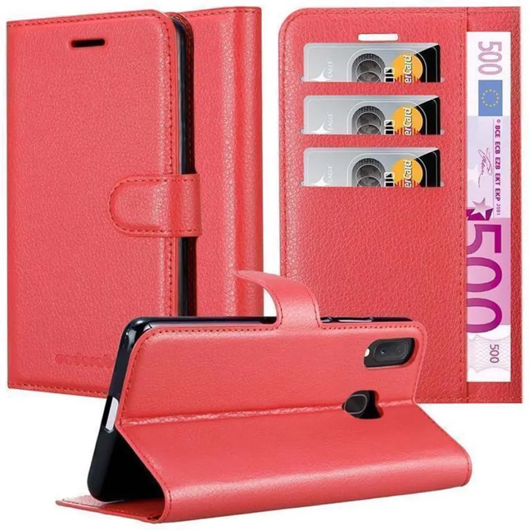 Cadorabo Hoesje geschikt voor Samsung Galaxy A10e / A20e in KARMIJN ROOD - Beschermhoes met magnetische sluiting, standfunctie en kaartvakje Book Case Cover Etui