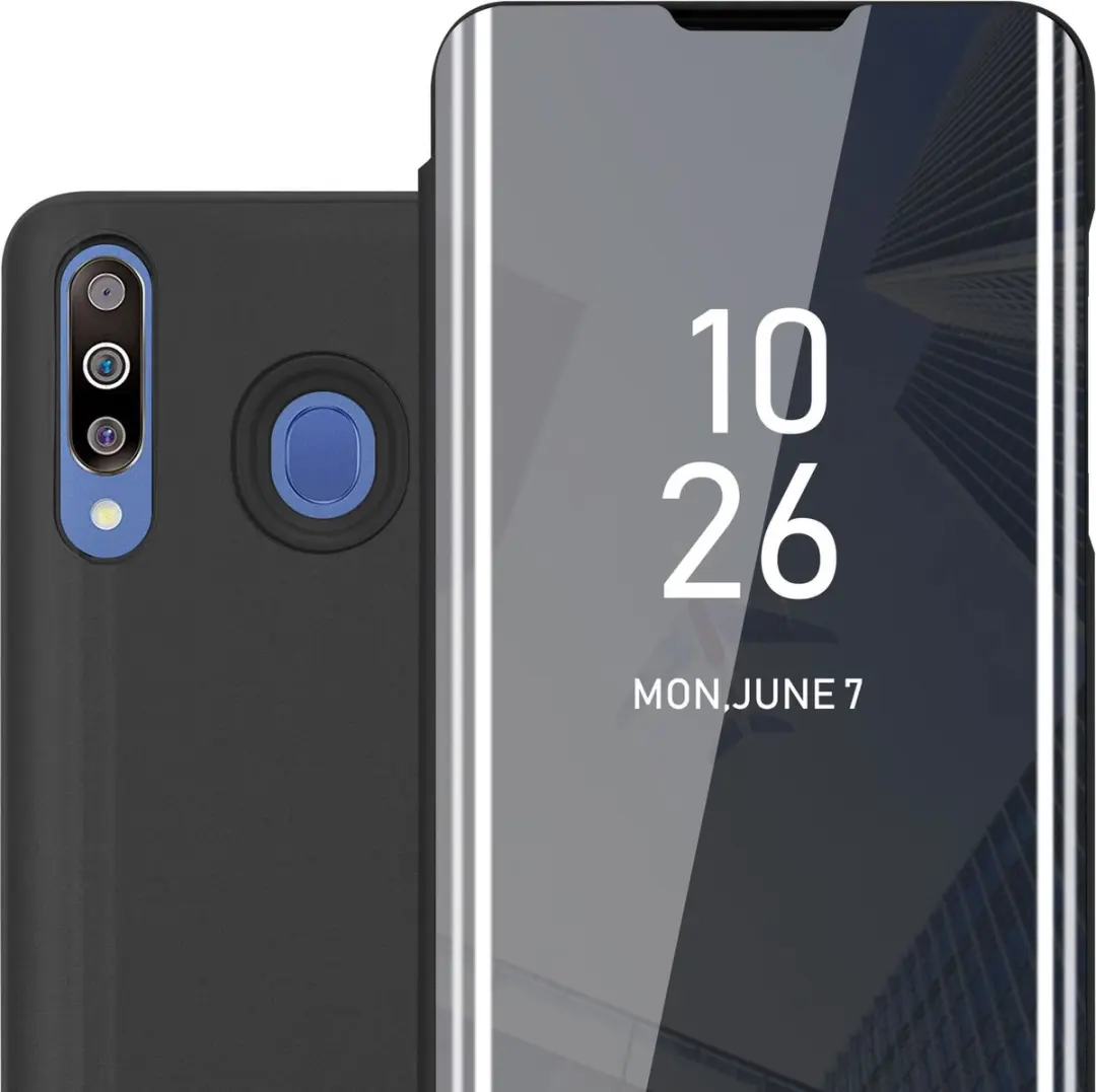 Cadorabo Hoesje geschikt voor Samsung Galaxy M30 / A40s in TOERMALIJN ZWART - Clear View Spiegel Beschermende Case met Tribunefunctie 360 Graden Bescherming Book Case Cover Etui