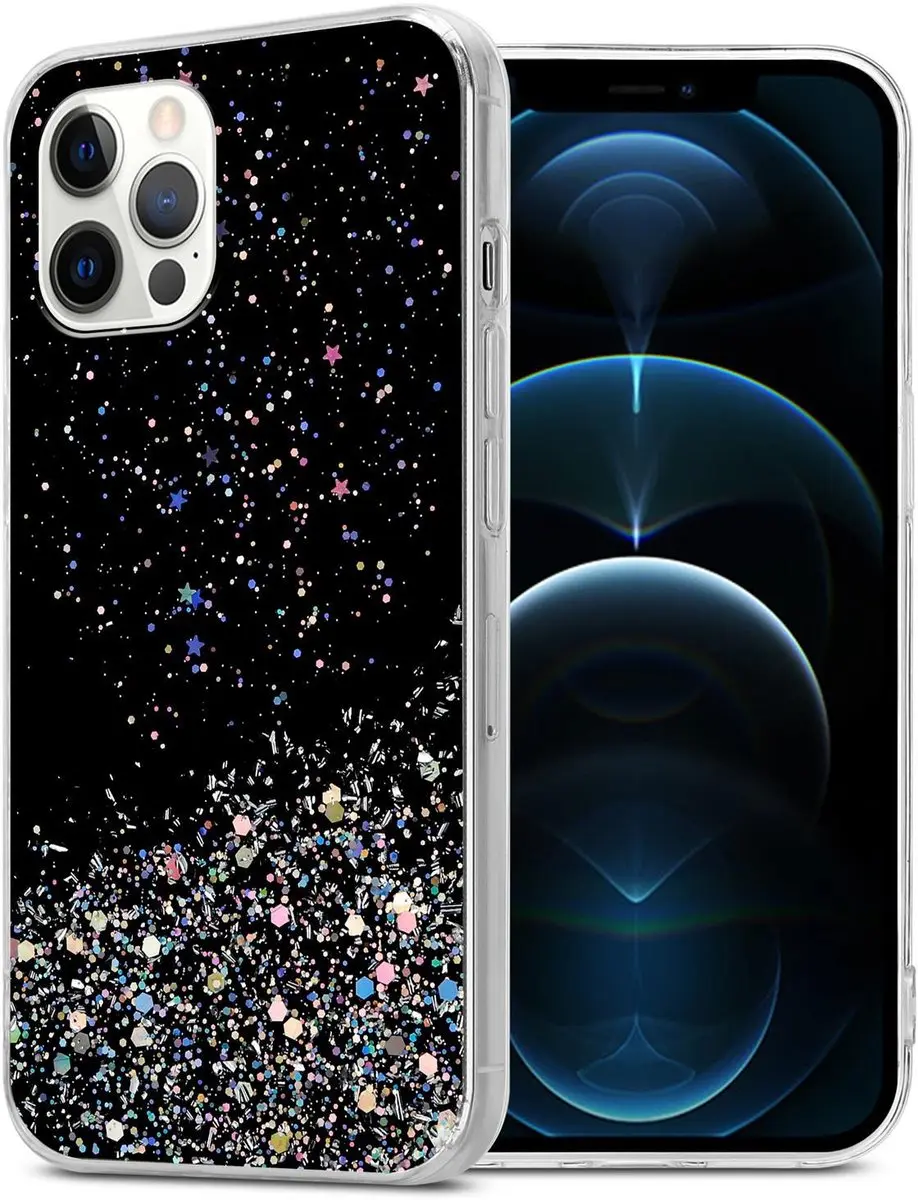 Cadorabo Hoesje geschikt voor Apple iPhone 12 / 12 PRO in Zwart met Glitter - Beschermhoes van flexibel TPU silicone met fonkelende glitters Case Cover Etui
