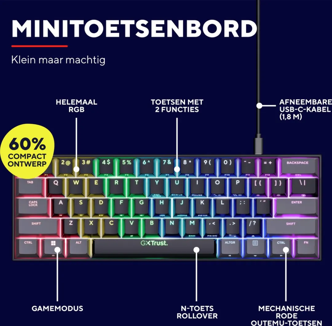 Trust GXT 867 Acira Mechanisch Gamingtoetsenbord - Mini 60% - Red Switches - Zwart