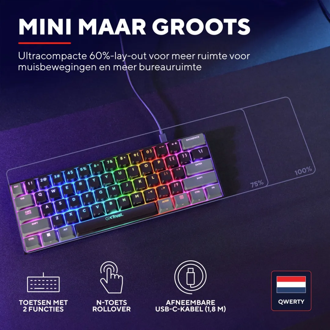 Trust GXT 867 Acira Mechanisch Gamingtoetsenbord - Mini 60% - Red Switches - Zwart
