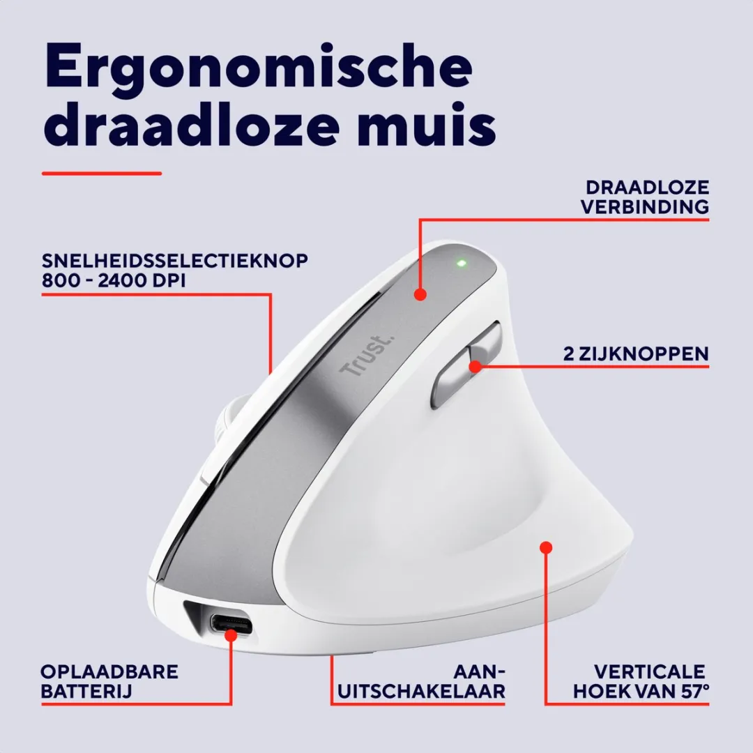 Trust Bayo V2 Draadloze Ergonomische Muis - Verticaal - Wit