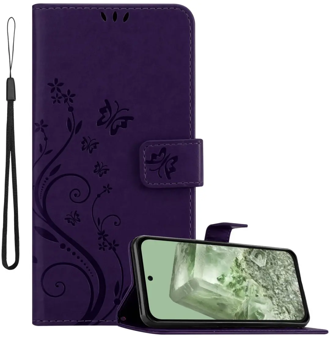 Cadorabo Hoesje geschikt voor Google Pixel 8A in BLOEMEN DONKER PAARS - Beschermhoes in bloemmotief met magnetische sluiting, standfunctie en kaartsleuven Book Case Cover Etui