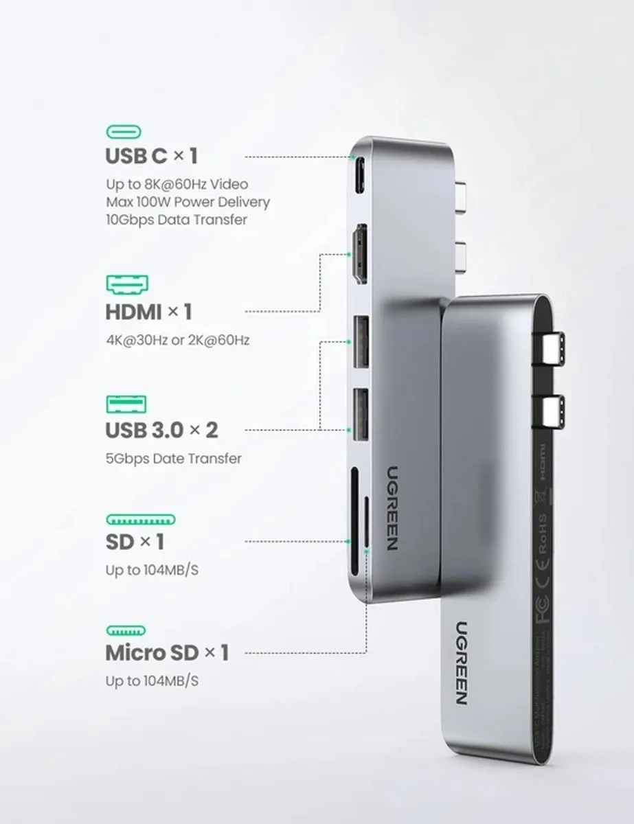 Ugreen CM380 USB-C Multiport Adapter - Grijs