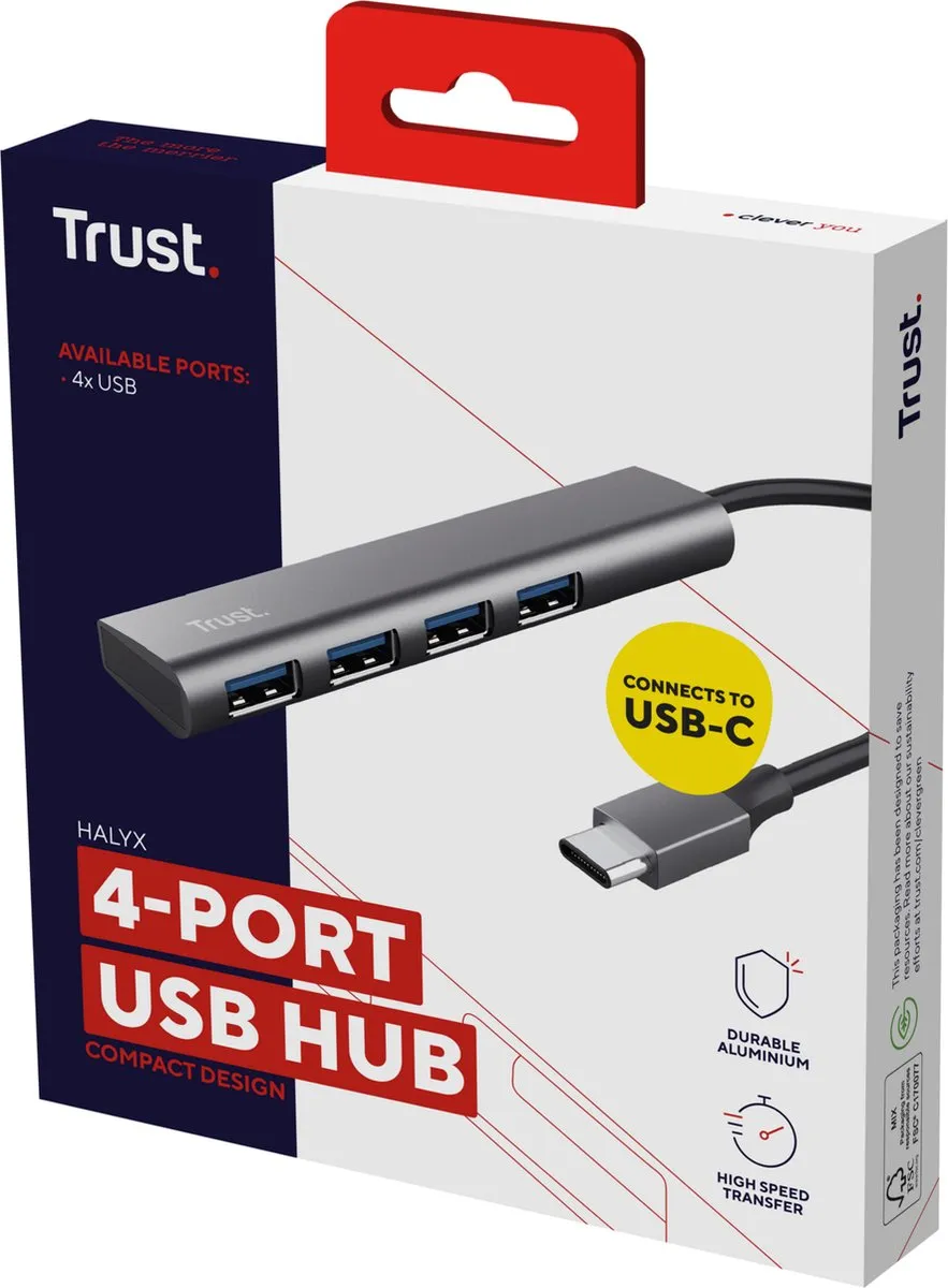 Trust Halyx USB-hub 4 Poorten USB-A 3.2 Gen1 - Donkergrijs