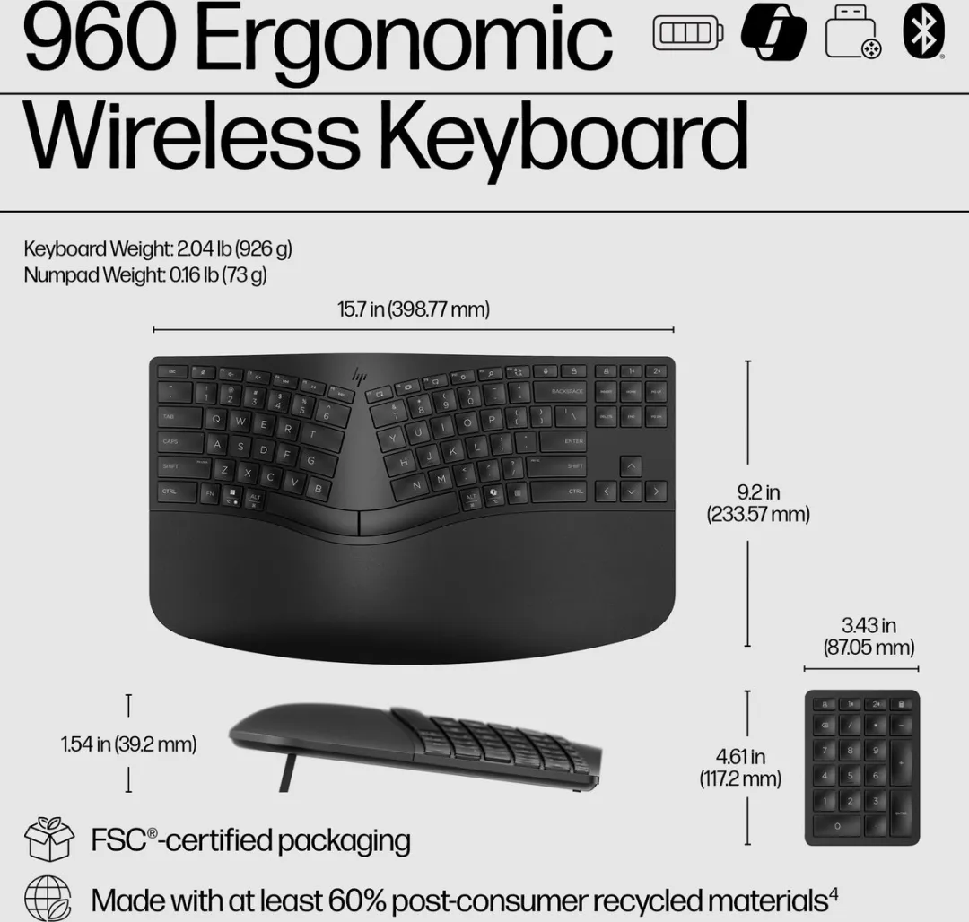HP 960 Ergonomisch Draadloos Toetsenbord - Zwart ISO