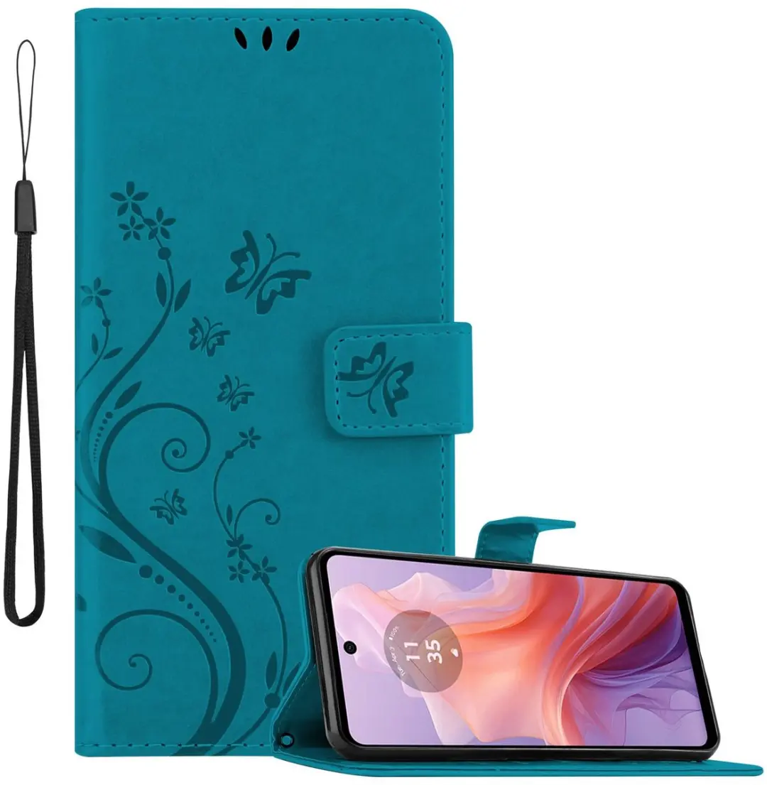 Cadorabo Hoesje geschikt voor Motorola Moto E14 in BLOEMEN BLAUW
