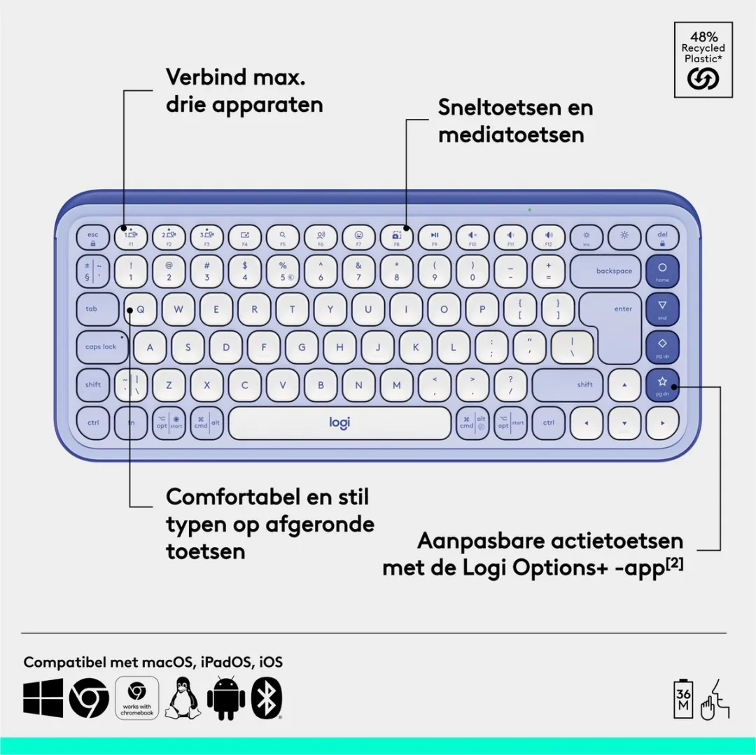 Logitech POP Icon Keys Draadloos Toetsenbord - QWERTY US - Lila - afbeelding 6 van 6