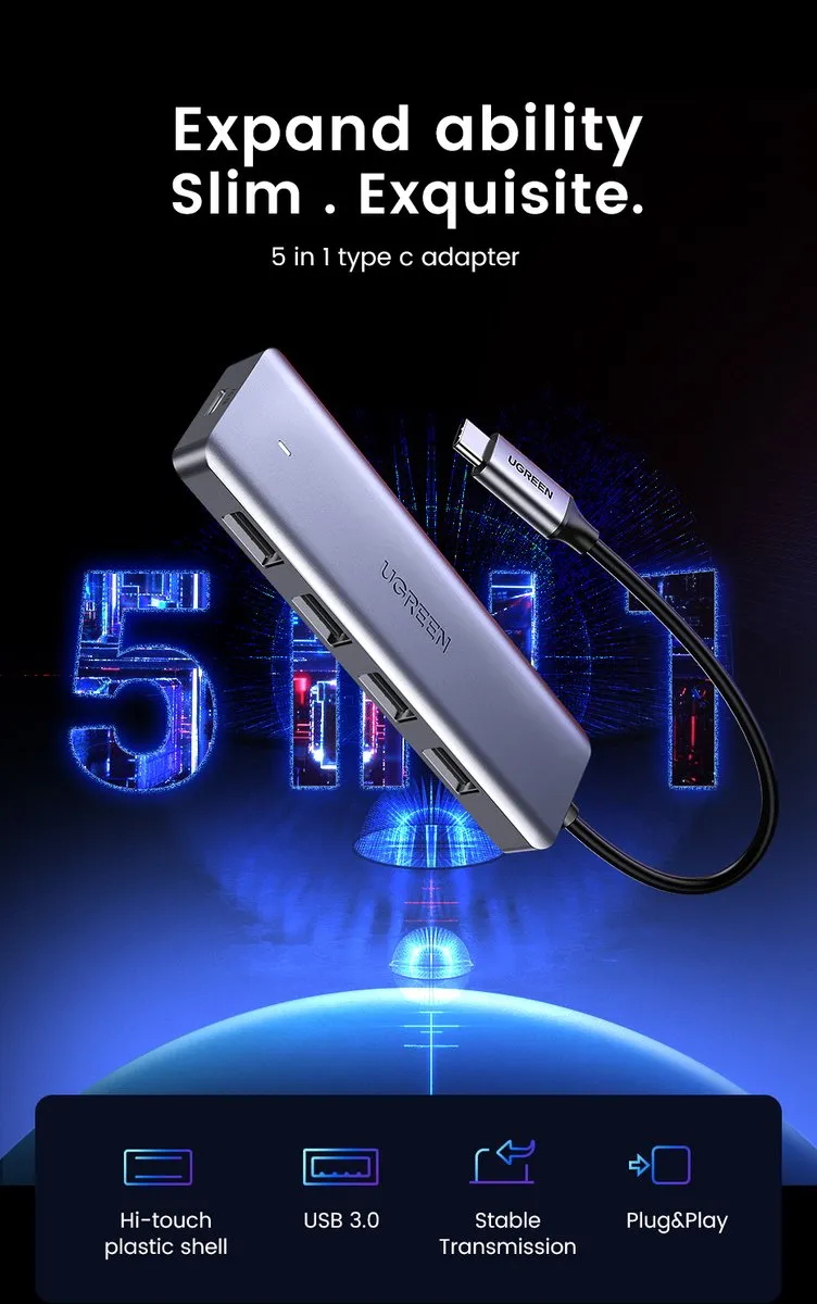Ugreen USB-C Hub 5-in-1 70336 - Grijs