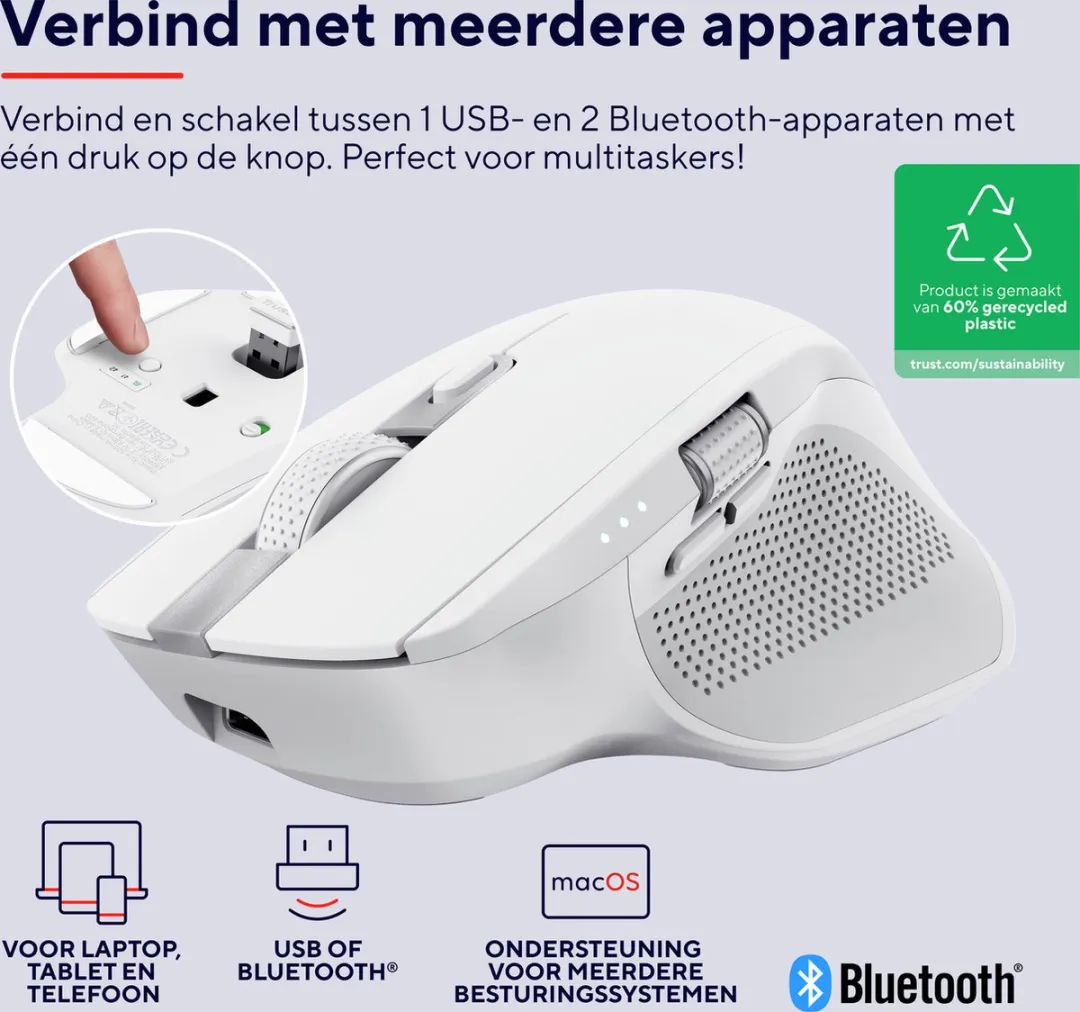 Trust Ozaa+ 24935 Ergonomische Draadloze Muis - Wit