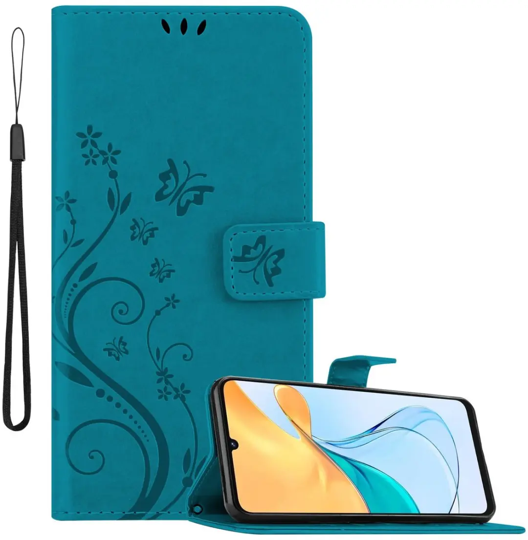Cadorabo Hoesje geschikt voor ZTE Blade V50 Vita in BLOEMEN BLAUW - Beschermhoes in bloemmotief met magnetische sluiting, standfunctie en kaartsleuven Book Case Cover Etui