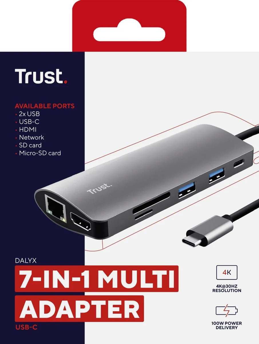 Trust 23775 USB-C Adapter 7-in-1 - Zwart