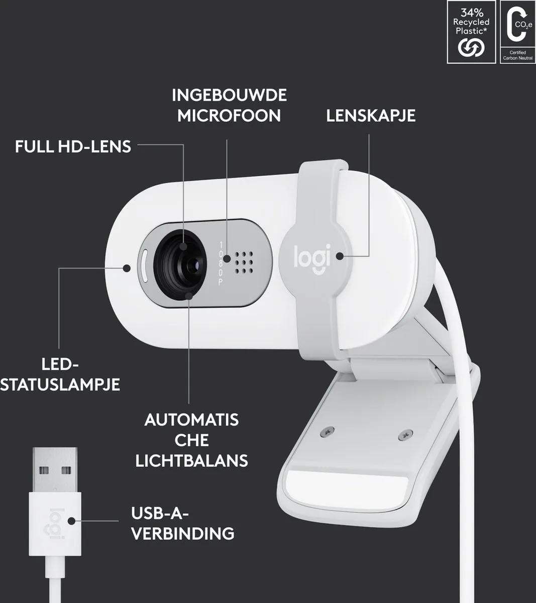 Logitech Brio 100 Webcam 1080p - Wit - afbeelding 6 van 6