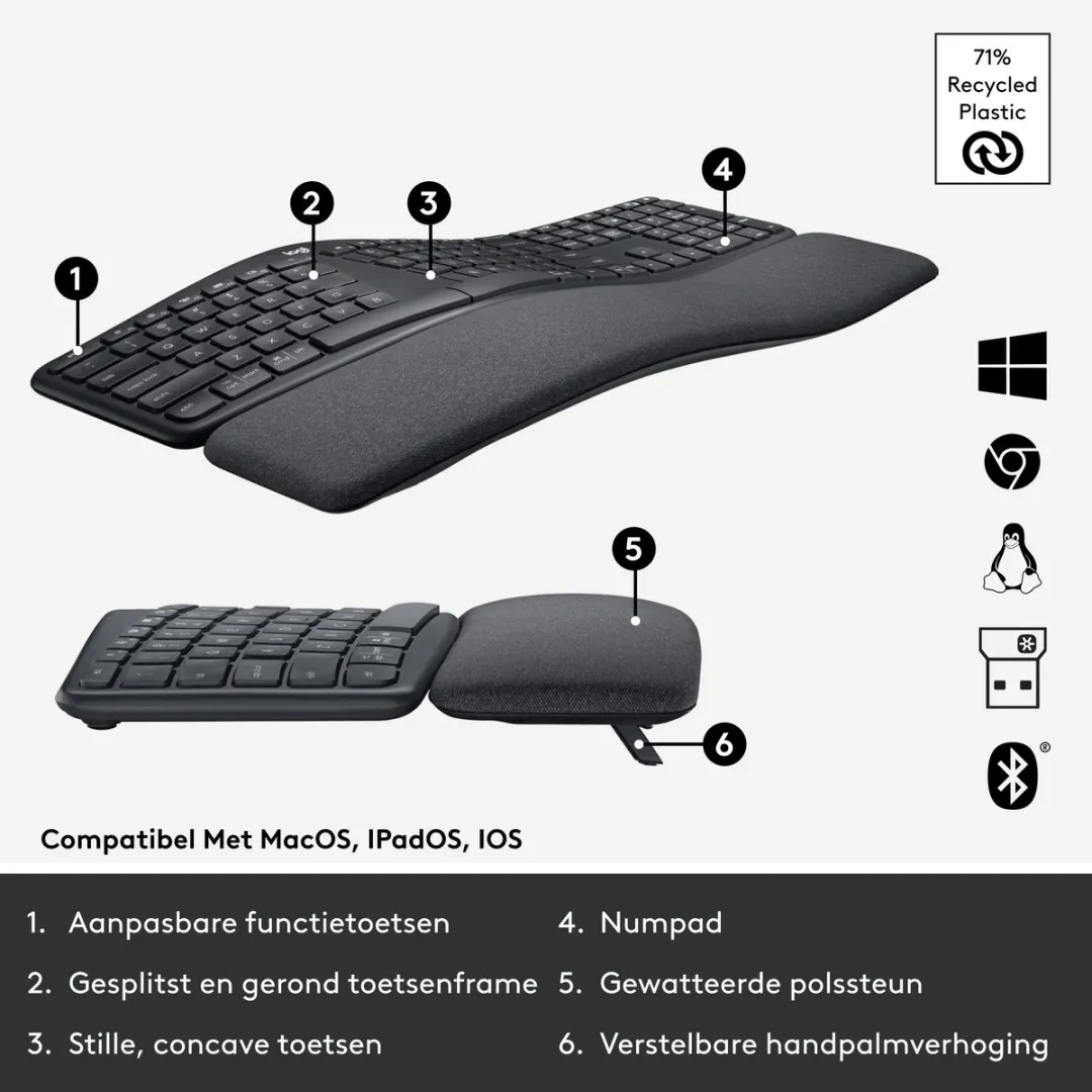 Logitech K860 Ergo Draadloos Toetsenbord - Donkergrijs