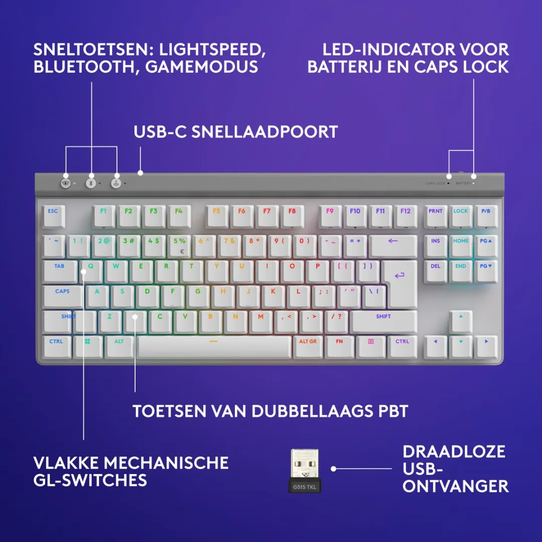 Logitech G G515 Lightspeed TKL Gaming Toetsenbord - Wit - afbeelding 6 van 6