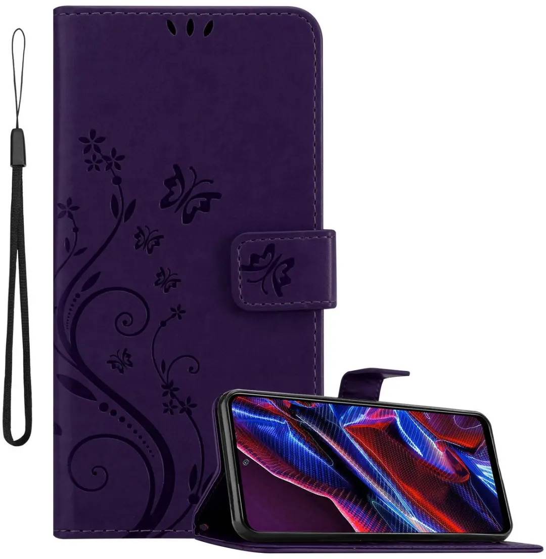 Cadorabo Hoesje geschikt voor Xiaomi Poco X5 in BLOEMEN DONKER PAARS - Beschermhoes in bloemmotief met magnetische sluiting, standfunctie en kaartsleuven Book Case Cover Etui