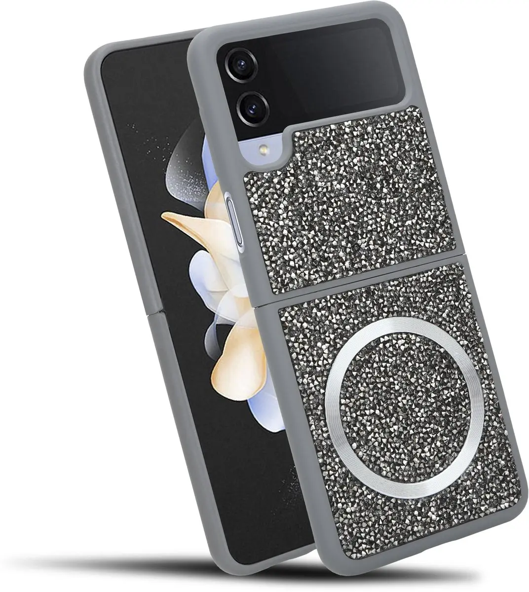 Hoesje geschikt voor Samsung Galaxy Z FLIP 4 in Grijs Diamant Glitter Stijl