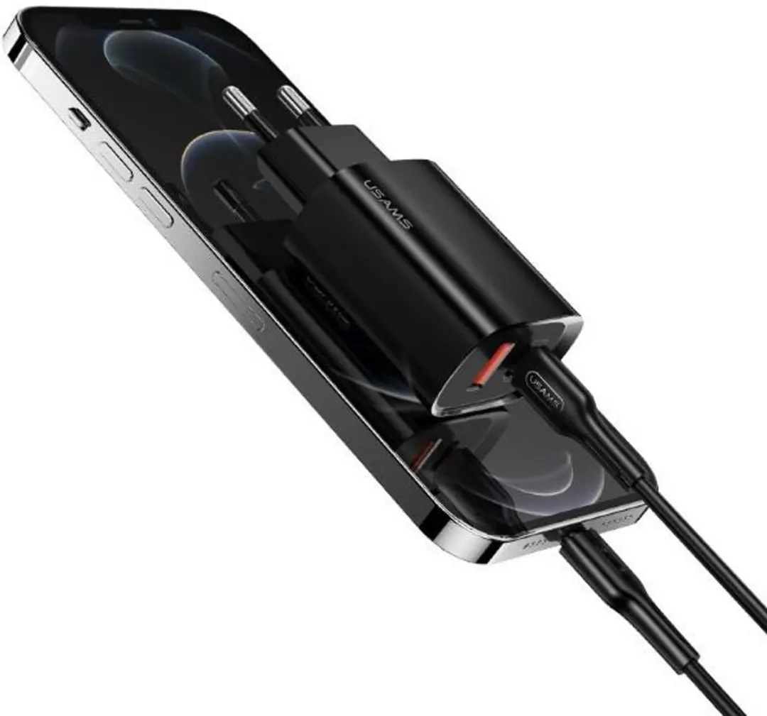 USAMS US-CC121 Snellader 20W USB-A en USB-C - Zwart - afbeelding 2 van 6