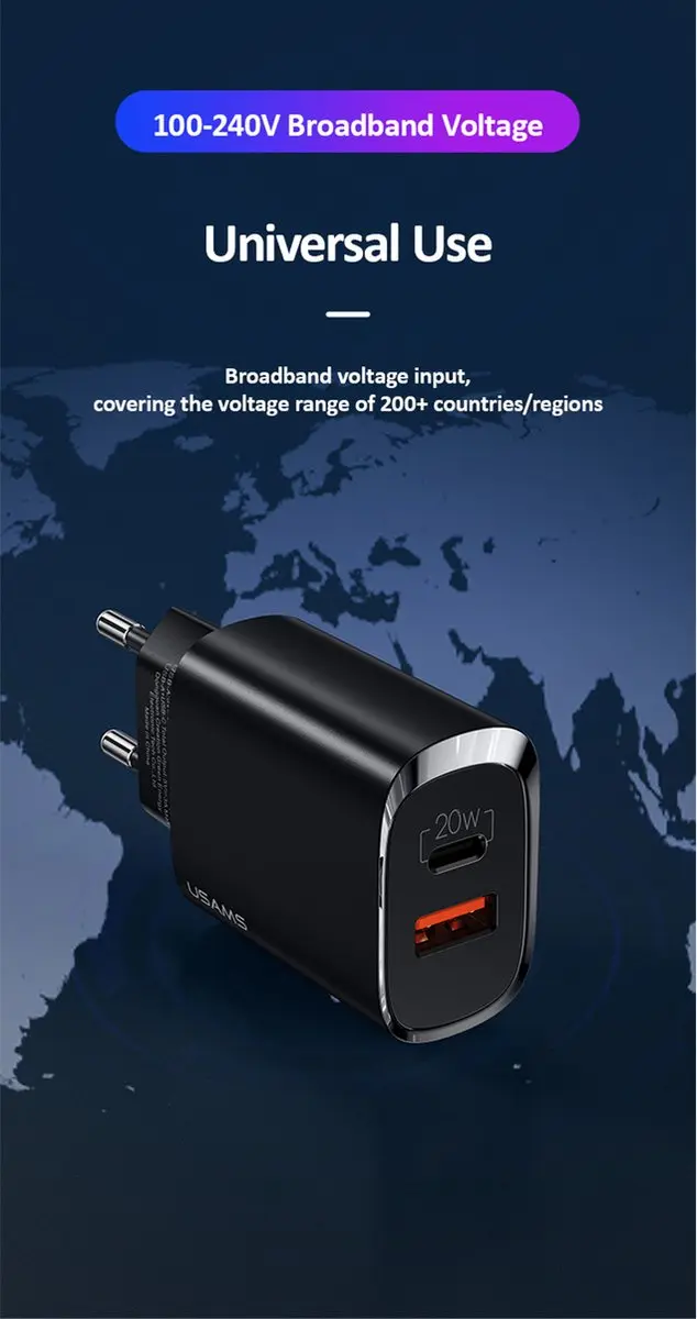 USAMS US-CC121 Snellader 20W USB-A en USB-C - Zwart - afbeelding 6 van 6