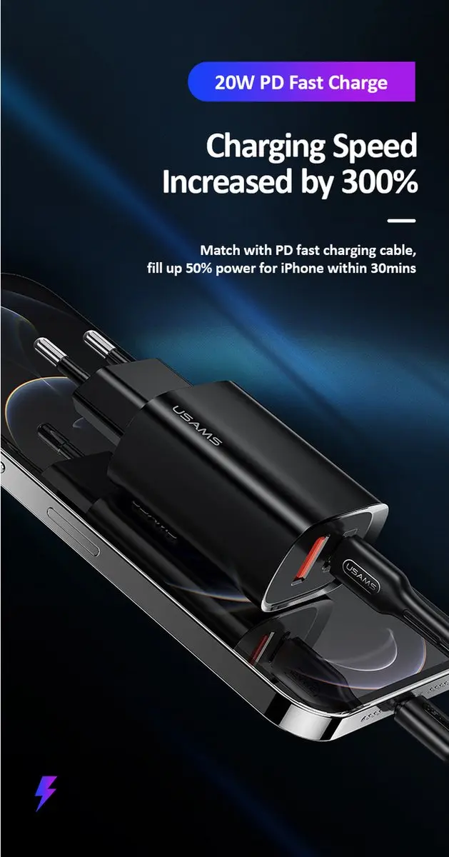 USAMS US-CC121 Snellader 20W USB-A en USB-C - Zwart - afbeelding 5 van 6