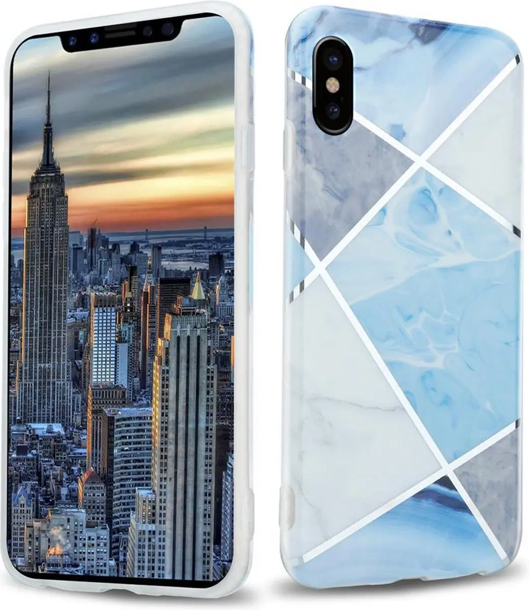 Cadorabo Hoesje geschikt voor Apple iPhone X / XS in Blauw Wit Grijs Marmer No.