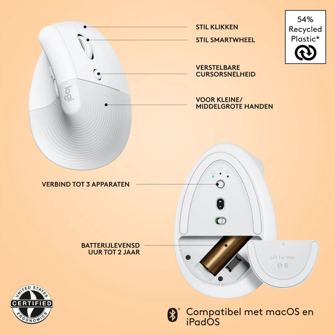 Logitech Lift 910-006477 Draadloze Muis - Verticaal - Wit - afbeelding 6 van 6