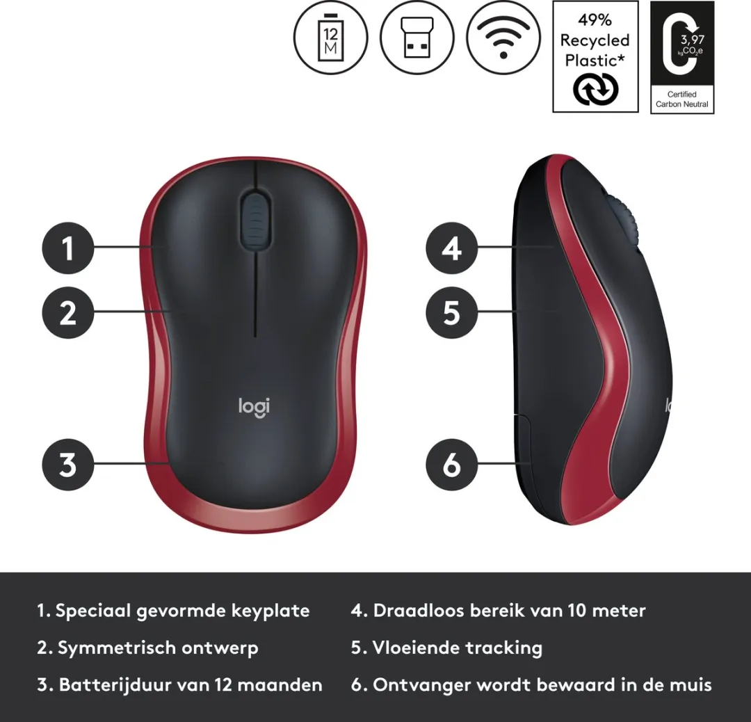 Logitech M185 Draadloze Muis - Rood