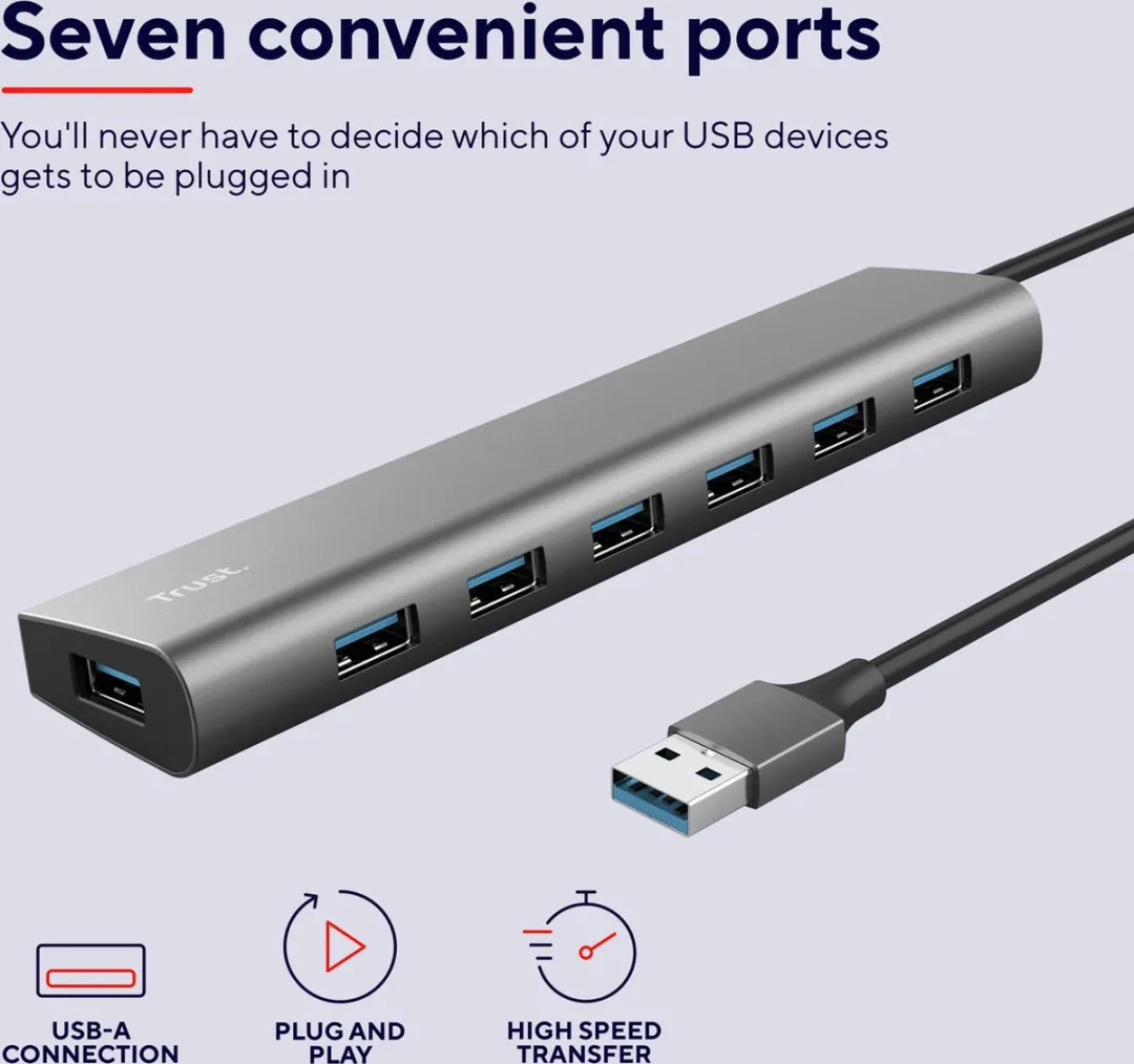 Trust Halyx Hub 7 Poorten - USB A - Grijs
