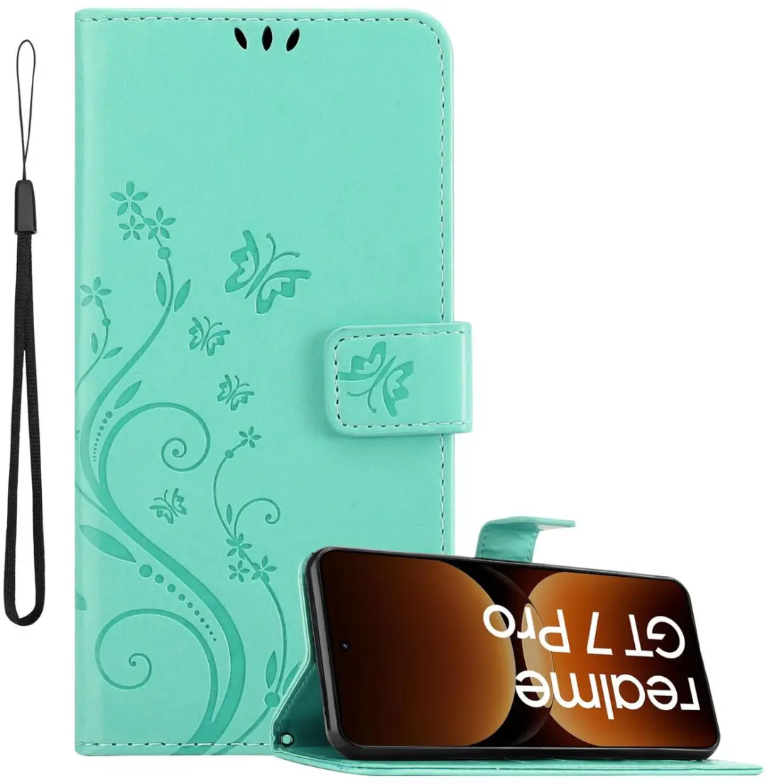 Cadorabo Hoesje geschikt voor Realme GT7 Pro in BLOEMEN TURKOOIS - Beschermhoes in bloemmotief met magnetische sluiting, standfunctie en kaartsleuven Book Case Cover Etui