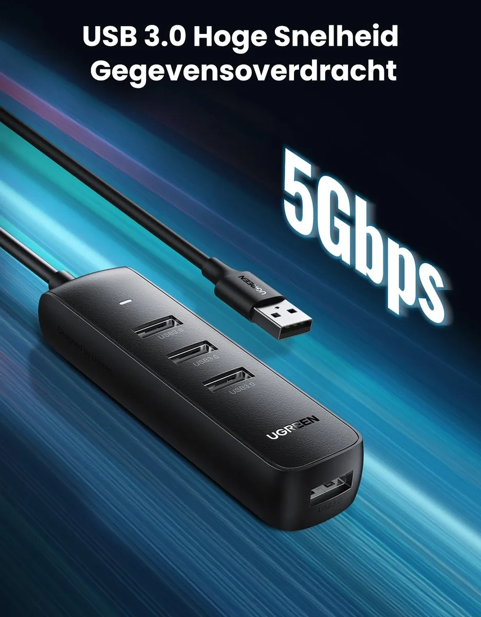 UGREEN USB-A naar USB 3.0 Hub 10915 - 5 Poorten - Zwart