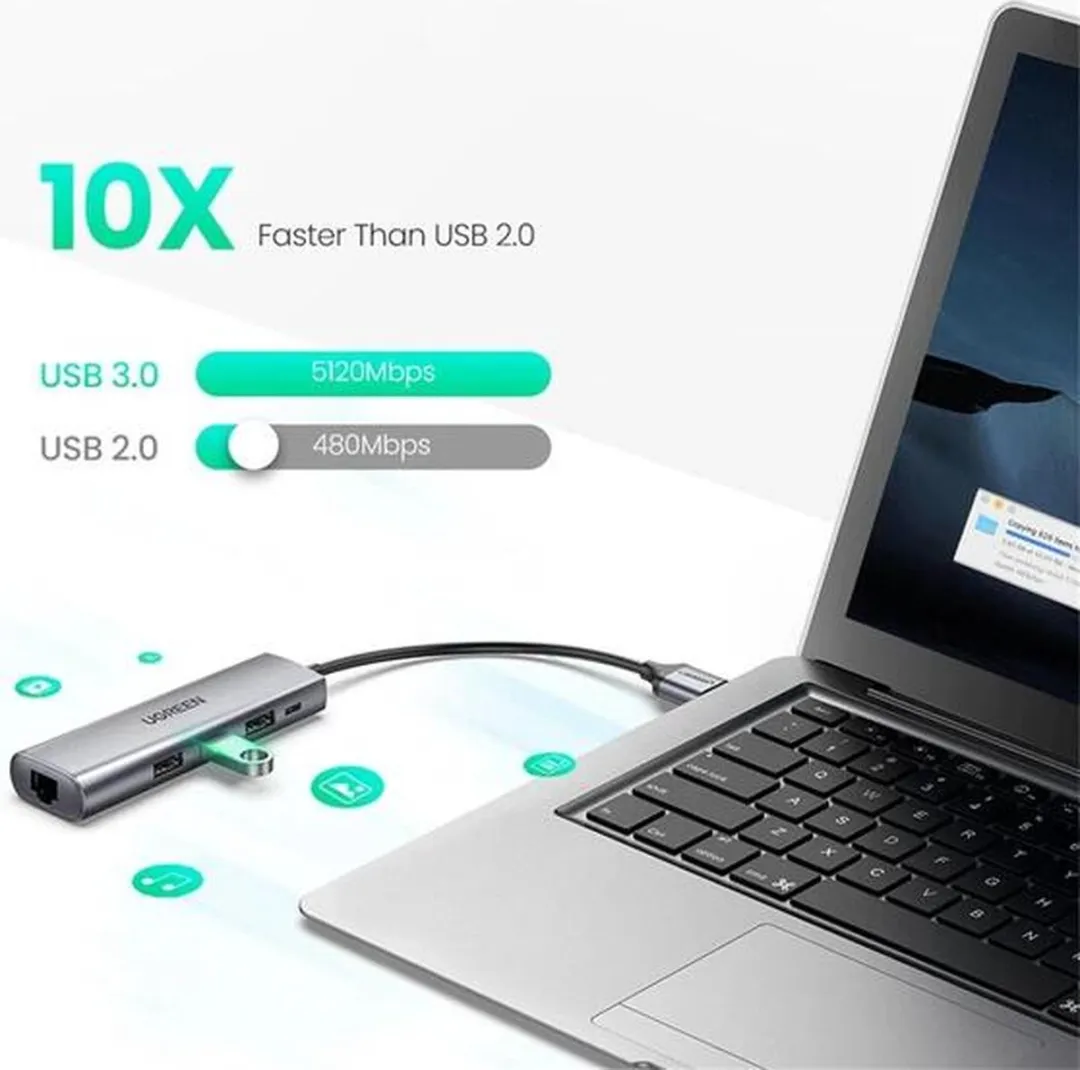 Ugreen 60812 USB 3.0 Gigabit LAN Adapter - 4 Poorten - Grijs - afbeelding 5 van 6