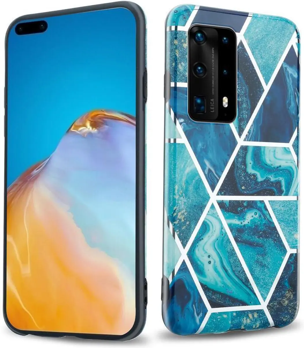 Cadorabo Hoesje geschikt voor Huawei P40 in Blauwe Golf Marmer No. 13