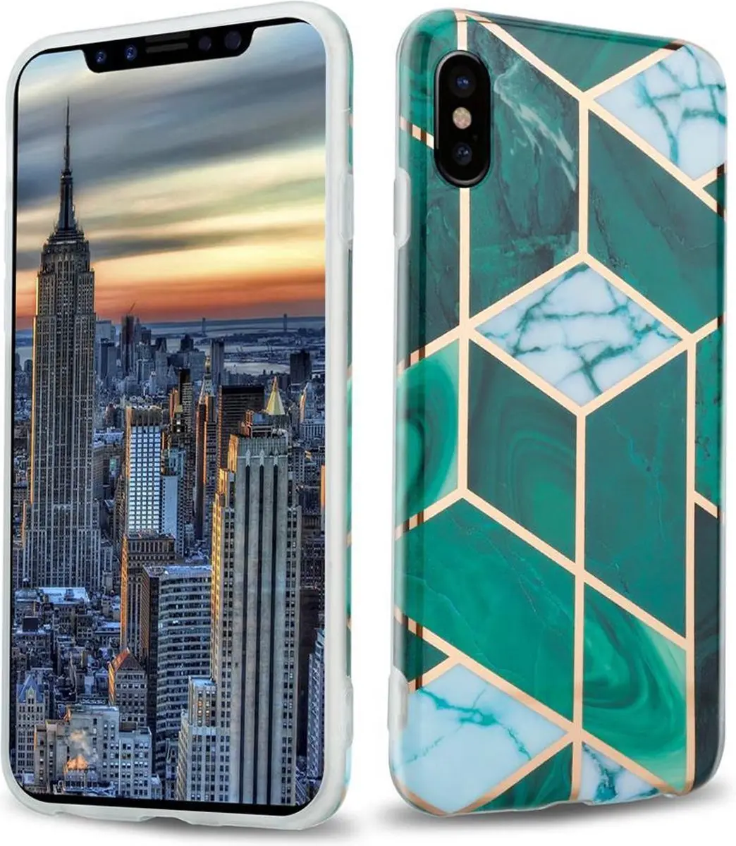 Cadorabo Hoesje geschikt voor Apple iPhone X / XS in Donkergroen Wit Goud Marmer