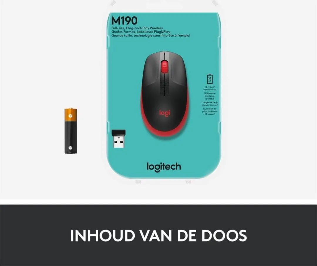 Logitech M190 Draadloze Muis - Zwart/Rood - afbeelding 6 van 6