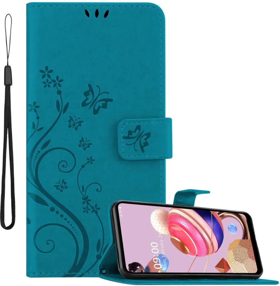 Cadorabo Hoesje geschikt voor LG K51S in BLOEMEN BLAUW - Beschermhoes in bloemmotief met magnetische sluiting, standfunctie en kaartsleuven Book Case Cover Etui