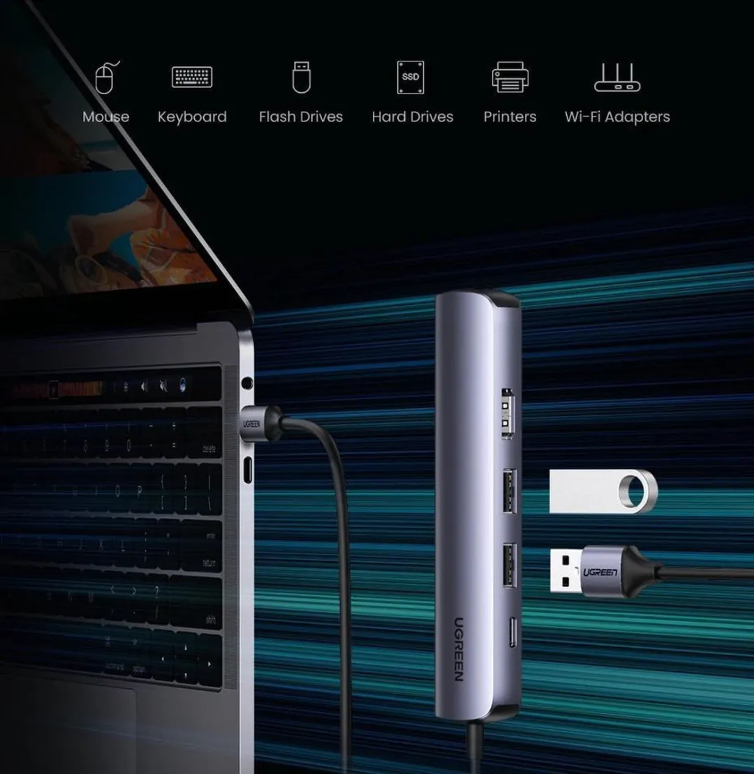 UGREEN 5-in-1 USB-C Hub 10919 - HDMI 4K@60Hz - Gigabit Ethernet - 100W PD - 2x USB 3.0 - Zwart - afbeelding 6 van 6