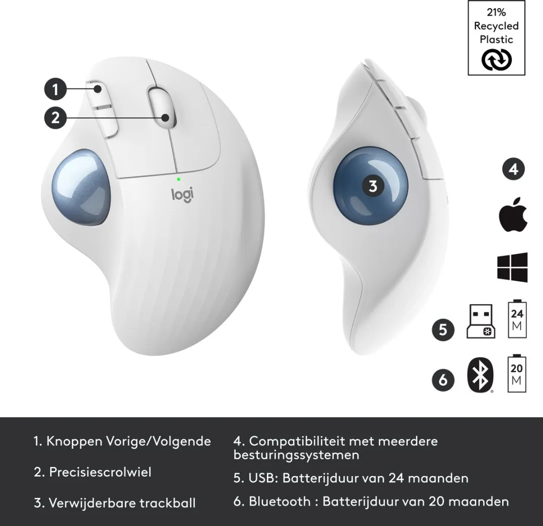 Logitech M575 ERGO Trackball Muis - Wit - afbeelding 6 van 6