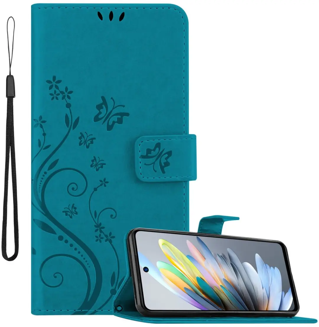Cadorabo Hoesje geschikt voor ZTE Blade A75 4G in BLOEMEN BLAUW - Beschermhoes in bloemmotief met magnetische sluiting, standfunctie en kaartsleuven Book Case Cover Etui
