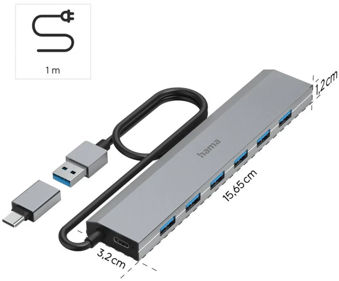 Hama 00200137 USB-Hub 7 Poorten USB 3.2 - Grijs