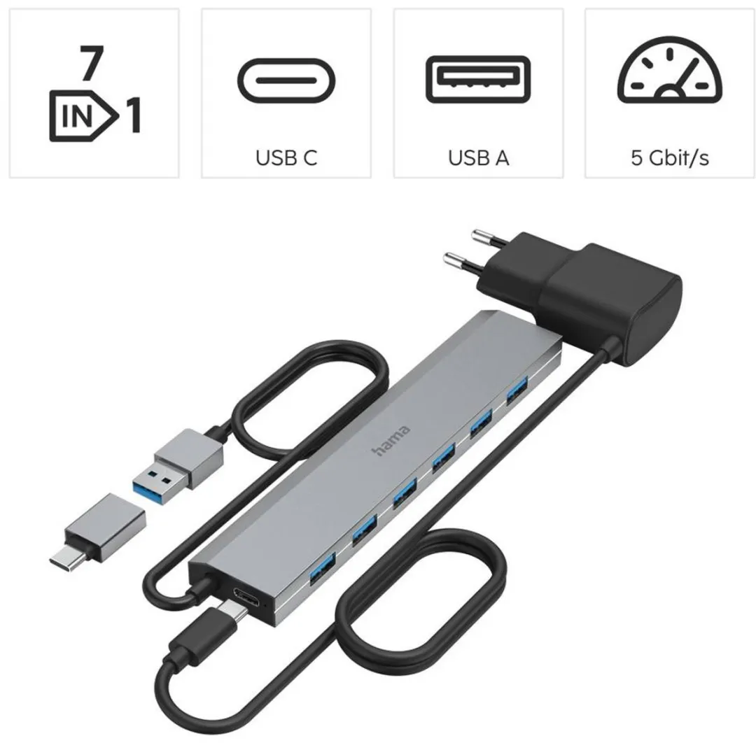 Hama 00200137 USB-Hub 7 Poorten USB 3.2 - Grijs