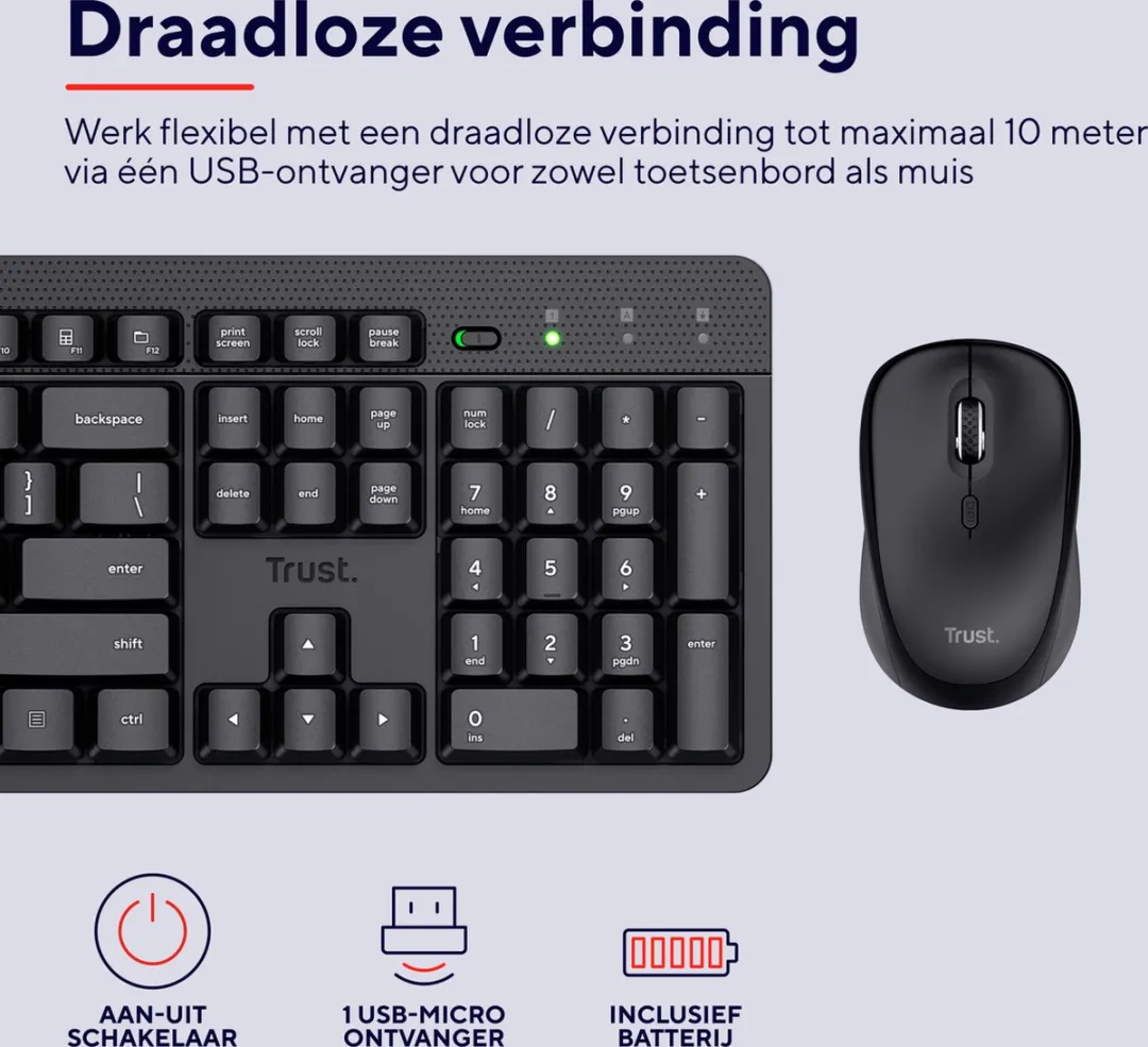 Trust ODY V2 Draadloos Toetsenbord & Muis - 4 Knoppen - Zwart