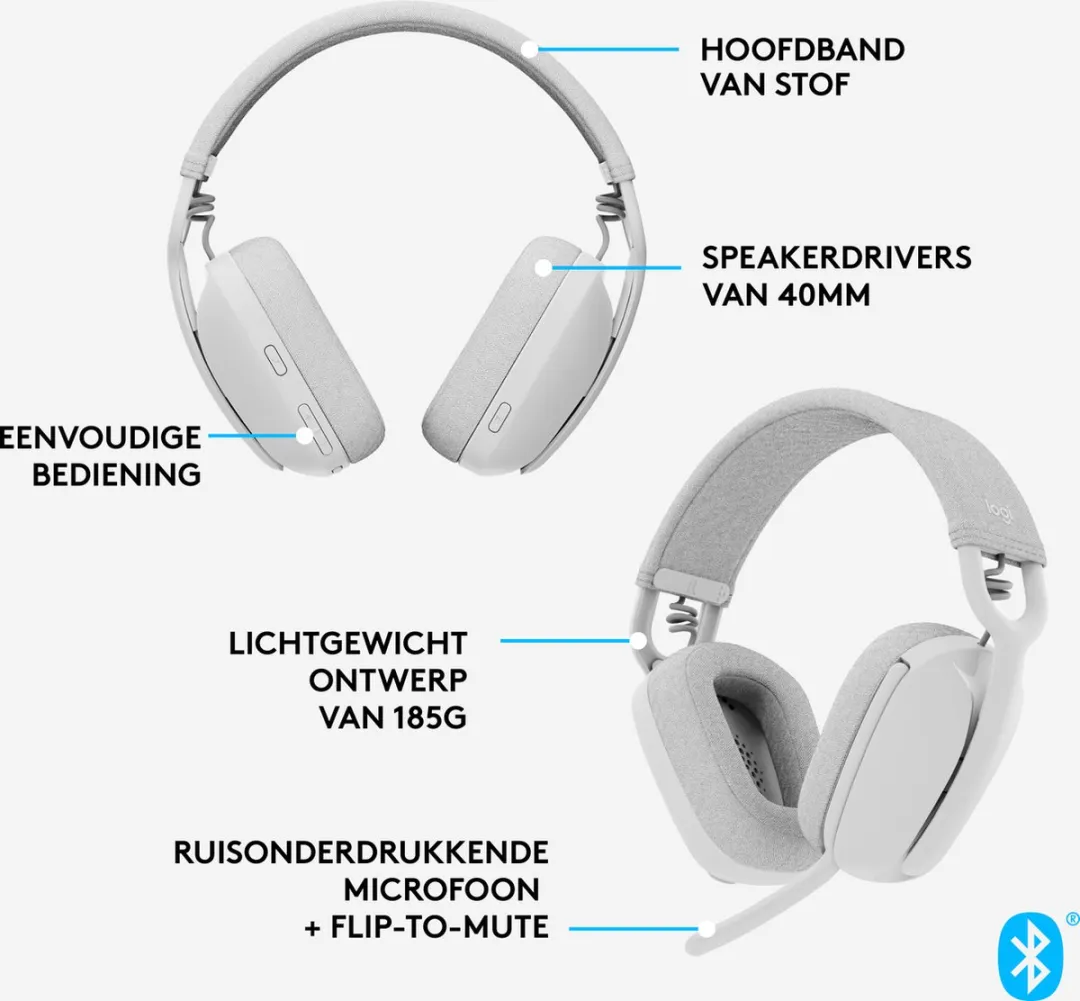Logitech Zone Vibe 100 Headset - Draadloos - Bluetooth - Gebroken wit - afbeelding 6 van 6