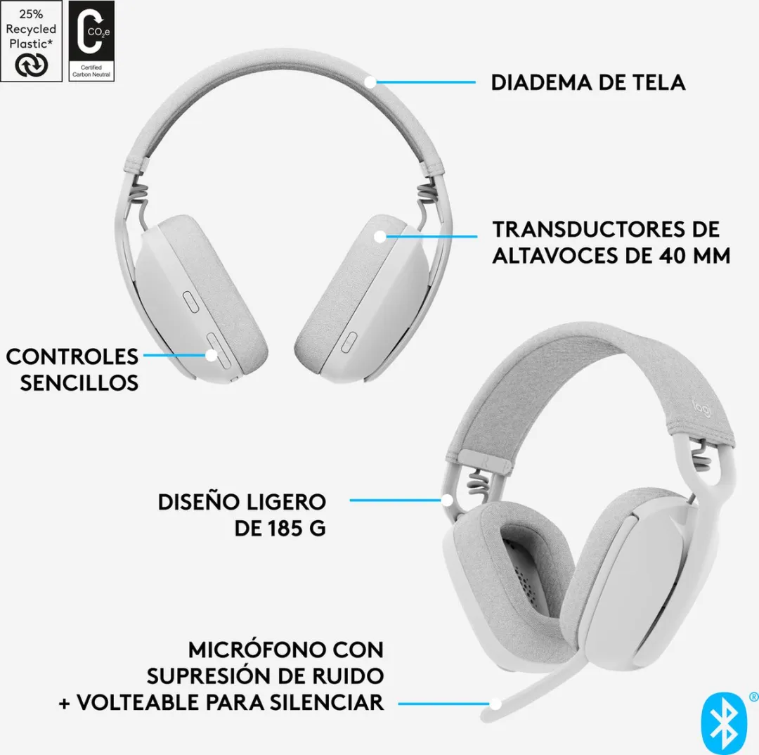 Logitech Zone Vibe 100 - Draadloze Headset - Bluetooth - Off White
