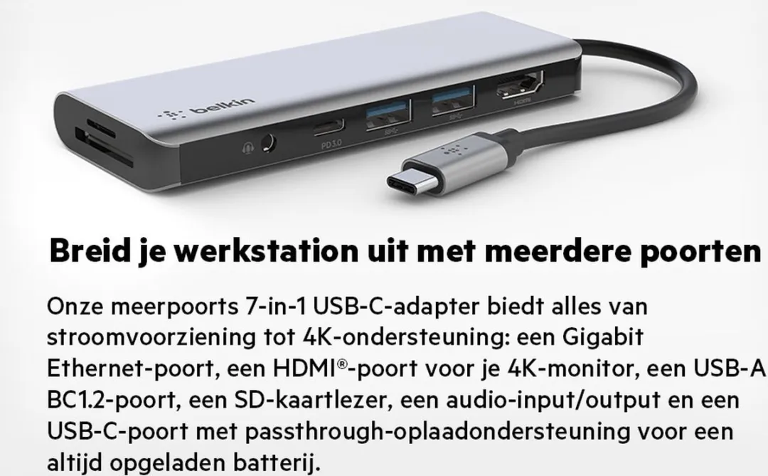Belkin AVC009btSGY 7-in-1 USB-C Hub - 4K HDMI - 100W - Grijs