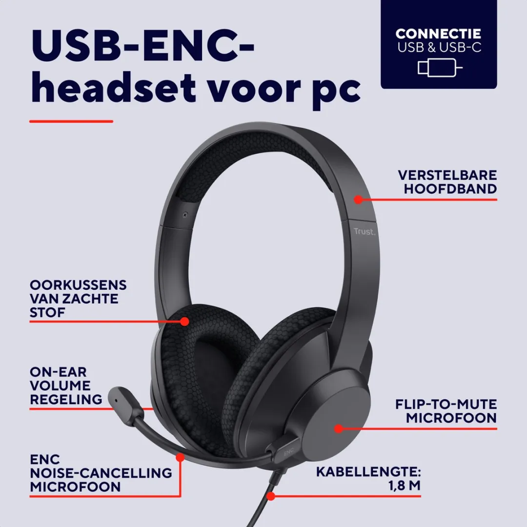 Trust Ayda Max USB-headset 25462 - Noise-cancelling - Zwart