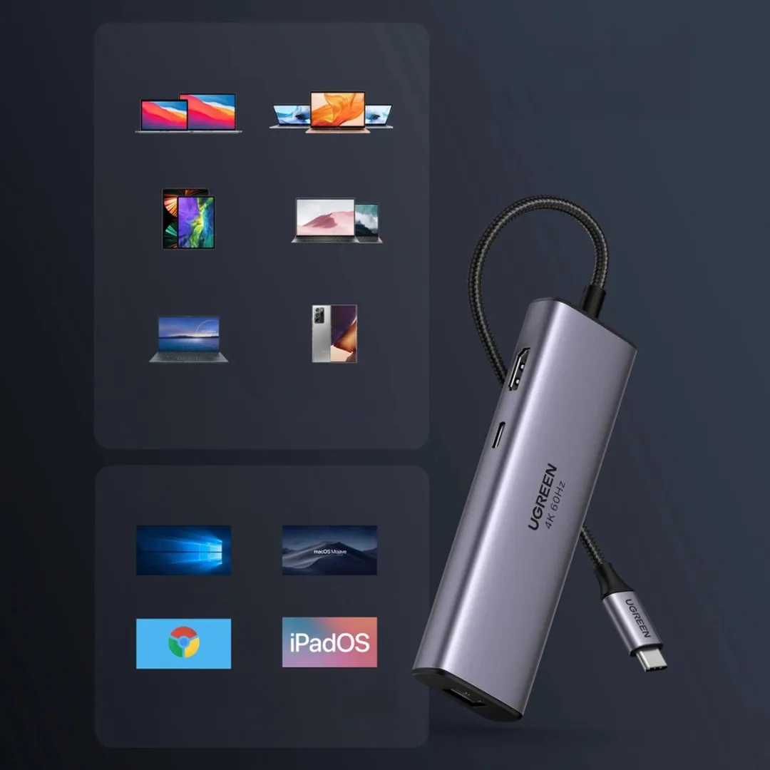 Ugreen 7-in-1 USB-C Hub 100W - HDMI 4K/60Hz - RJ45 1Gbps - Grijs