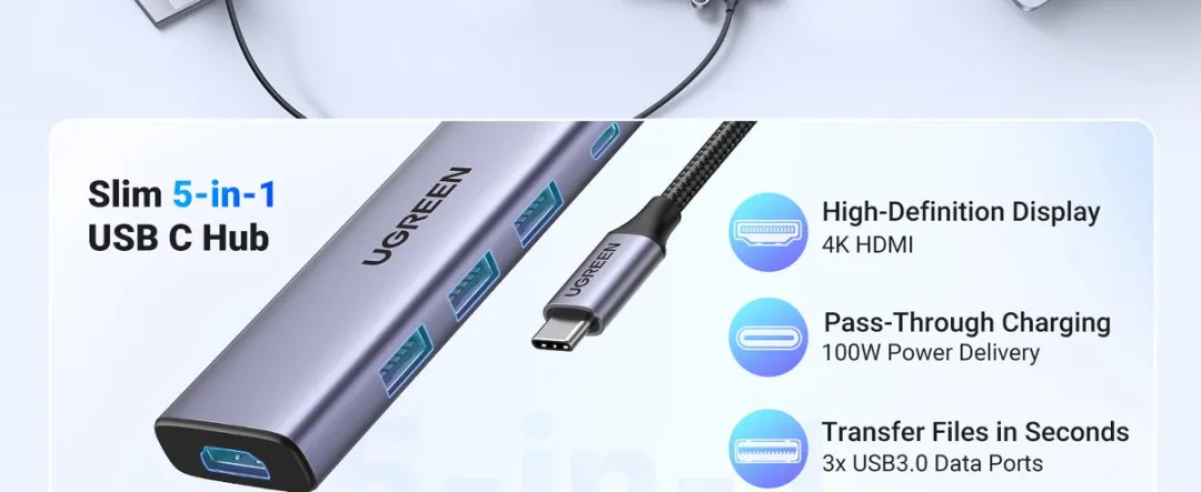 Ugreen 20956A 6-in-1 USB-C Adapter - HDMI & 3x USB-A 3.0 - Zilver