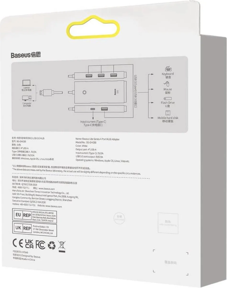 Baseus Lite Series BAS000218 USB-C Hub 4x USB 3.0 - Wit
