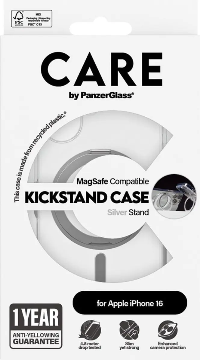 PanzerGlass CARE Feature Case iPhone 16 - Transparant Zilver Kickstand - afbeelding 5 van 6